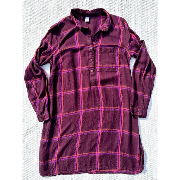 Old Navy Womens Medium Burgundy Dress Plaid Long Sleeve Tunic  Buttons Gold - Picture 5 of 10